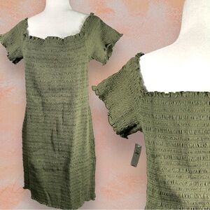 NWT Gap Off Shoulder Smocked Stretch Cotton Blend Bandage Mini Dress Green XL